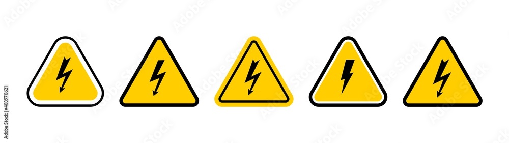 Poster set of high voltage icons. triangle shape with thunder bolt symbols isolated on white background.