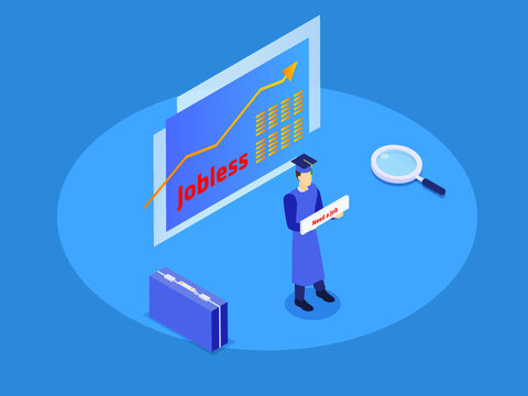University graduates searching for job 3D isometric vector concept for banner, website, illustration, landing page, flyer, etc