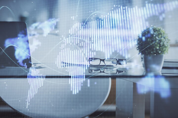 Double exposure of business theme drawing and office interior background. Concept of success
