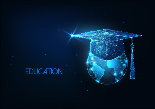 Futuristic international eductaion concept with glowing low polygonal graduation cap and Earth globe