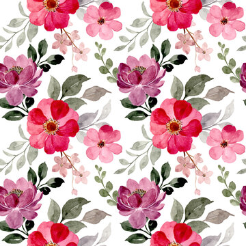 Seamless pattern of red purple floral watercolor
