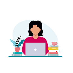 The girl is working on a laptop. Online education and work at home. Vector character in flat style.