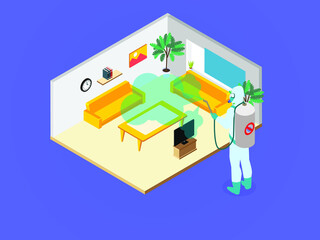 Spraying living room with disinfectant 3D isometric vector concept for banner, website, illustration, landing page, flyer, etc