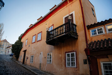 Fascinating narrow picturesque street with baroque and renaissance historical buildings in sunny day, Novy svet, New World in the vicinity of Hradcany, Prague, Czech Republic