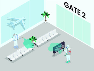 Spraying airport departure and arrival gate with disinfectant 3D isometric vector concept for banner, website, illustration, landing page, flyer, etc