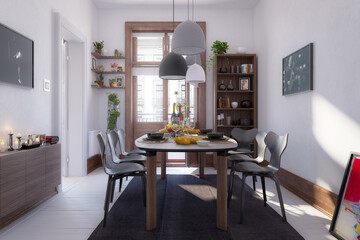 Modern Dinning Room Inside a Fresh Renovated Building - 3d visualization