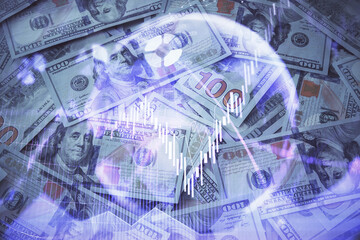 Double exposure of forex graph drawing over us dollars bill background. Concept of financial markets.