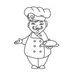 Cheerful chef with a dish. Cooking illustration for signboard menu of cafe, restaurant. Vector illustration