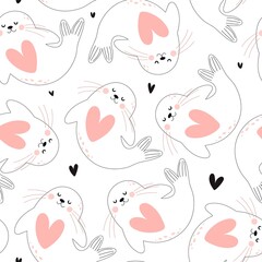 Seamless pattern with cartoon seal. Colorful vector flat style. hand drawing. valentines day. Romantic design for print, wrapper, fabric.