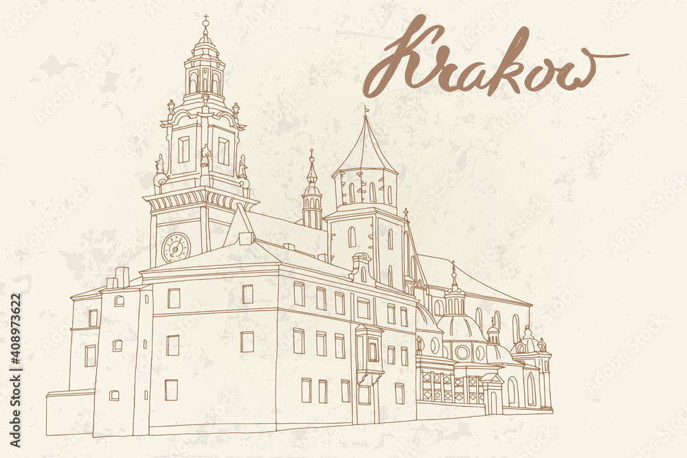 Sticker vector sketch of the royal archcathedral basilica of saints stanislaus and wenceslaus on the wawel h