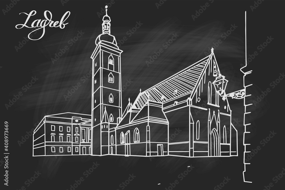 Wall mural Vector sketch of Church of St.Mark in St.Mark's square in upper town in Zagreb, Croatia