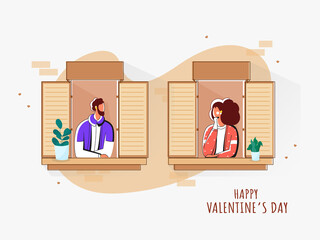 Vector Illustration Of Young Couple Looking Each Other From Their Window For Happy Valentine's Day Concept.