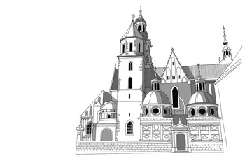 Fototapeta vector sketch of The Royal Archcathedral Basilica of Saints Stanislaus and Wenceslaus on the Wawel Hill. Krakow, Poland. obraz