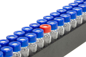 HPLC glass vials in the rack.
