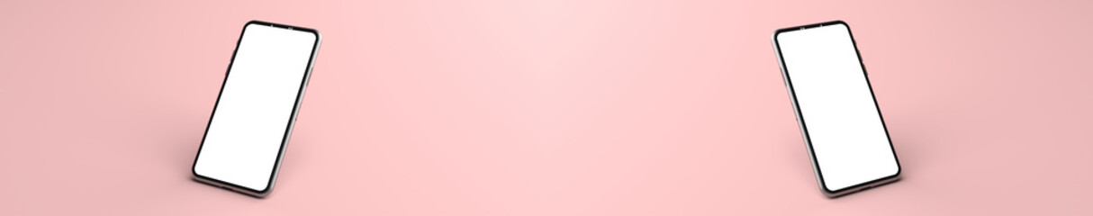 3D rendering of mockups Smartphones white screen on pink floor, Mobile phone lay down on the ground. Smartphones white screen can be used for commercial advertising, Isolated on pink background.