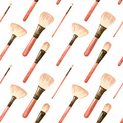 Seamless patterns with a cosmetic products - makeup brushes. Makeup and self-care. Fashion watercolor illustration. Template for postcards, business cards, posters, banners..