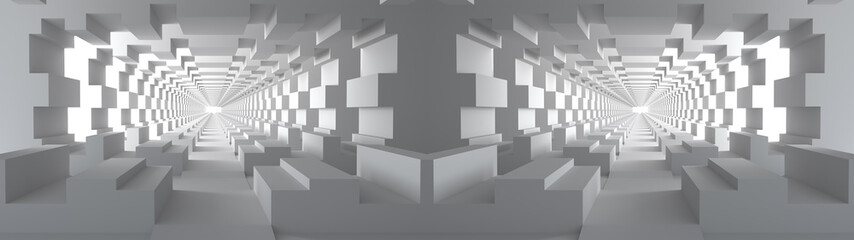 3D rendering of Empty space concrete room and the pathway area indefinitely with the gap and glowing light. Museum space design, the rhythm of the complex square frame and the gap, Geometric structure
