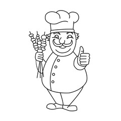Cheerful chef with a kebab. Cooking illustration for signboard menu of cafe, restaurant. Vector illustration
