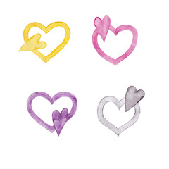 Colored contour hearts. DIY paper handicraft mini frames. Symbol of Valentine's Day, love and friendship. Valentine or wedding сard decor. Watercolor isolated elements on white background.