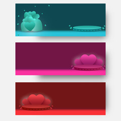 Header Or Banner Design With Hearts And 3D Podium Stage On Background In Three Color Options.