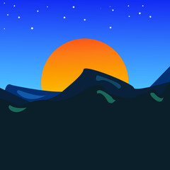 landscape with mountains, sea, and sunset