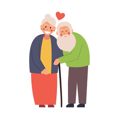 Elderly couple hugging tenderly, vector illustration on white isolated background