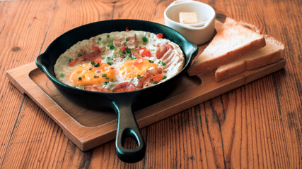 Pan Fried Egg with Toppings  serve with toast and butter