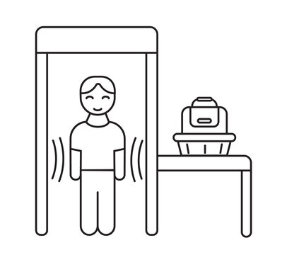 Security Control Icon Vector In Outline Style. Man Standing In Metal Detector Frame. Bag In Basket On The Table. Airport Security Screening