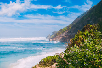 Fototapeta na wymiar Tropical wild beach with stormy blue sea.