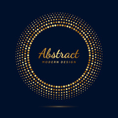 Circular background. Gold dot circle frame. Abstract border. Effect halftone. Sphere boarder. Modern golden ring. Faded shine dots. Shape round pattern. Sparkle graphic element. Design print. Vector