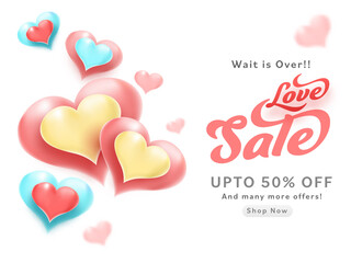 Love Sale Poster Design With 50% Discount Offer And Glossy Hearts Decorated White Background.