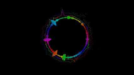 Abstract circular spinning spectral wave design on black background vibrating spectrum wave form. Audio spectrum simulation for music futuristic animation