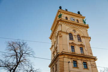 Art Nouveau Renaissance Revival prism-shaped water tower in Vinohrady in sunny winter day, forty...