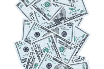 50 US dollars bills flying down isolated on white. Many banknotes falling with white copyspace on...