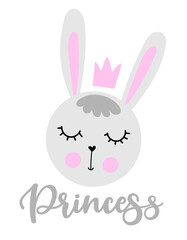 Funny Bunny Princess - Cute bunny drawing. Funny calligraphy for spring holiday, Easter egg hunt. Perfect for advertising, poster, announcement or greeting card. Beautiful white Rabbit. Baby pajamas.
