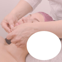 Beautician massaging face of beautiful woman in modern spa salon, with field for ad text