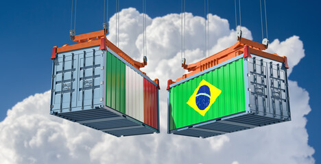 Freight containers with Brazil and Italy flag. 3D Rendering 