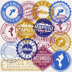 Maputo Mozambique Set of Stamps. Travel Stamp. Made In Product. Design Seals Old Style Insignia.