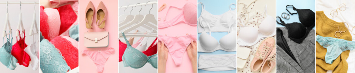 Collage of different stylish female lingerie - obrazy, fototapety, plakaty