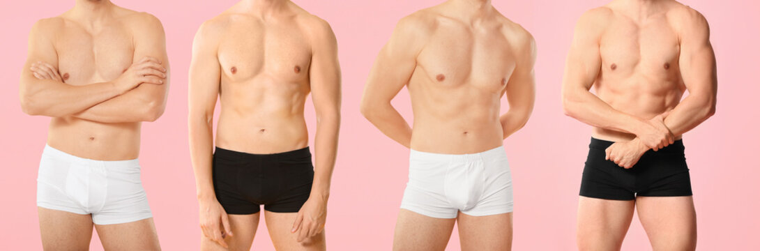 Handsome man in underwear on color background