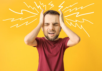 Stressed young man with big head on color background