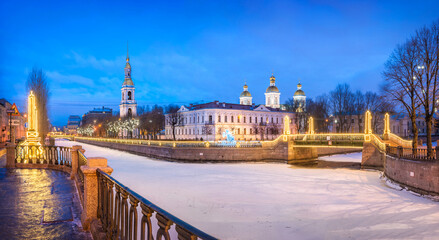 Obraz premium Nikolsky Naval Cathedral and Krasnogvardeisky Bridge in St. Petersburg
