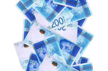 200 Israeli new shekels bills flying down isolated on white. Many banknotes falling with white...