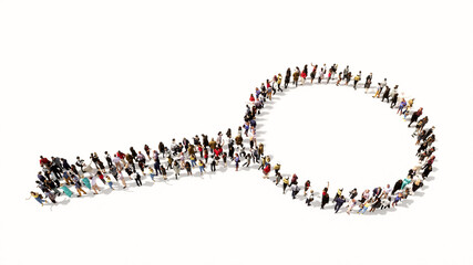 Concept or conceptual gathering of people forming an image of a magnifying glass on white background. A 3d illustration metaphor for science, research, fun, games and  exploration.