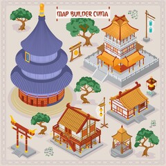 Traditional Chinese map builder illustrations of architecture building elements in isometric isolated vector illustration
