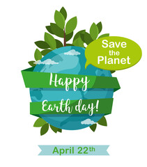 Happy Earth Day greetting card. Earth globe isolated on white. April 22.