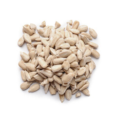 Peeled sunflower seeds on white background