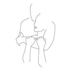 Guy hugs the girl from behind drawn in the style of minimalism. Design for decor, paintings, Valentine's Day, tattoo, logo, print, textiles, symbol of love, friendship, family, tenderness. Vector