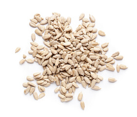 Peeled sunflower seeds on white background