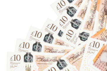 10 British pounds bills lies in different order isolated on white. Local banking or money making...